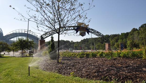 sprinkler system on the grounds of Miller Park